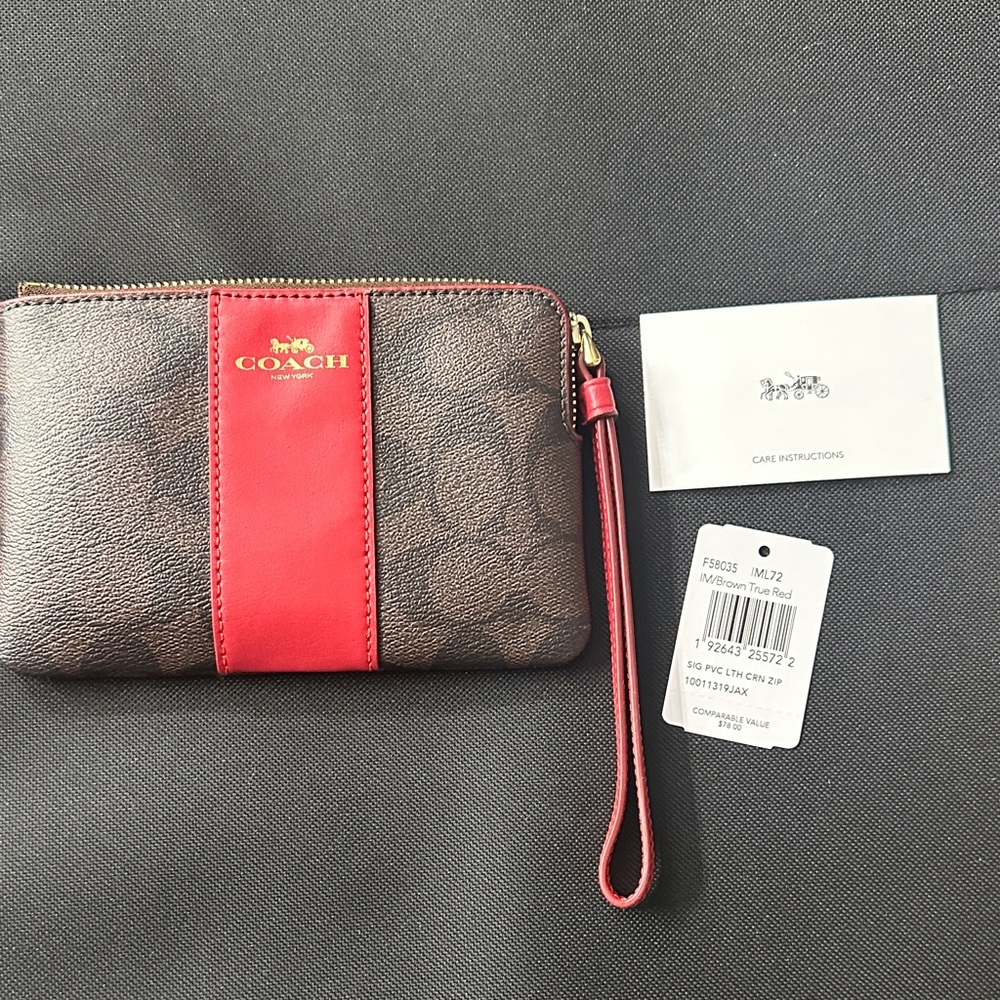 Coach Brown Signature Wristlet with Red Stripe NWT
